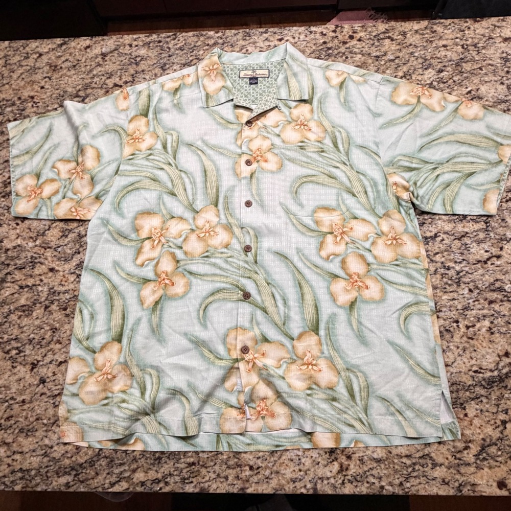 Tommy Bahama Men XL Silk Blend Floral Camp Shirt Sage Green Tropical Button Down